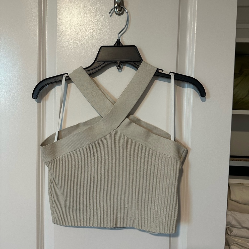 Babaton Aritzia Beige Ribbed Crop Top